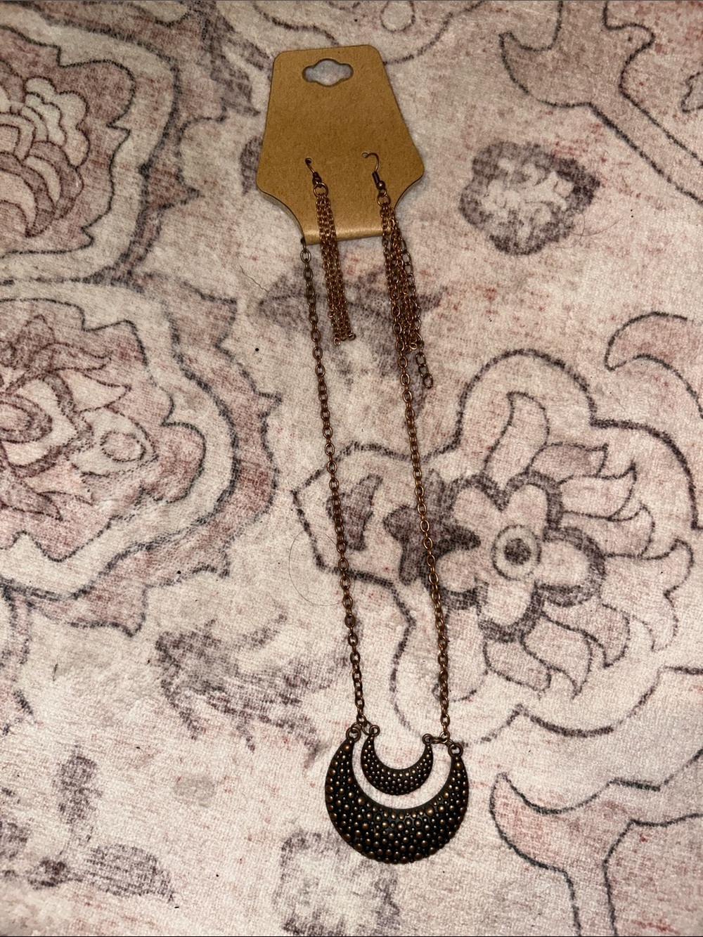 Antique Brass Crescent Pendant Necklace with Matching Tassel Earrings
